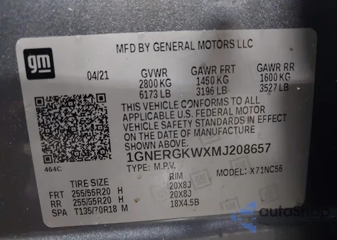 2021 Chevrolet Traverse Fwd Lt Cloth from USA, damaged, VIN 1GNERGKWXMJ208657